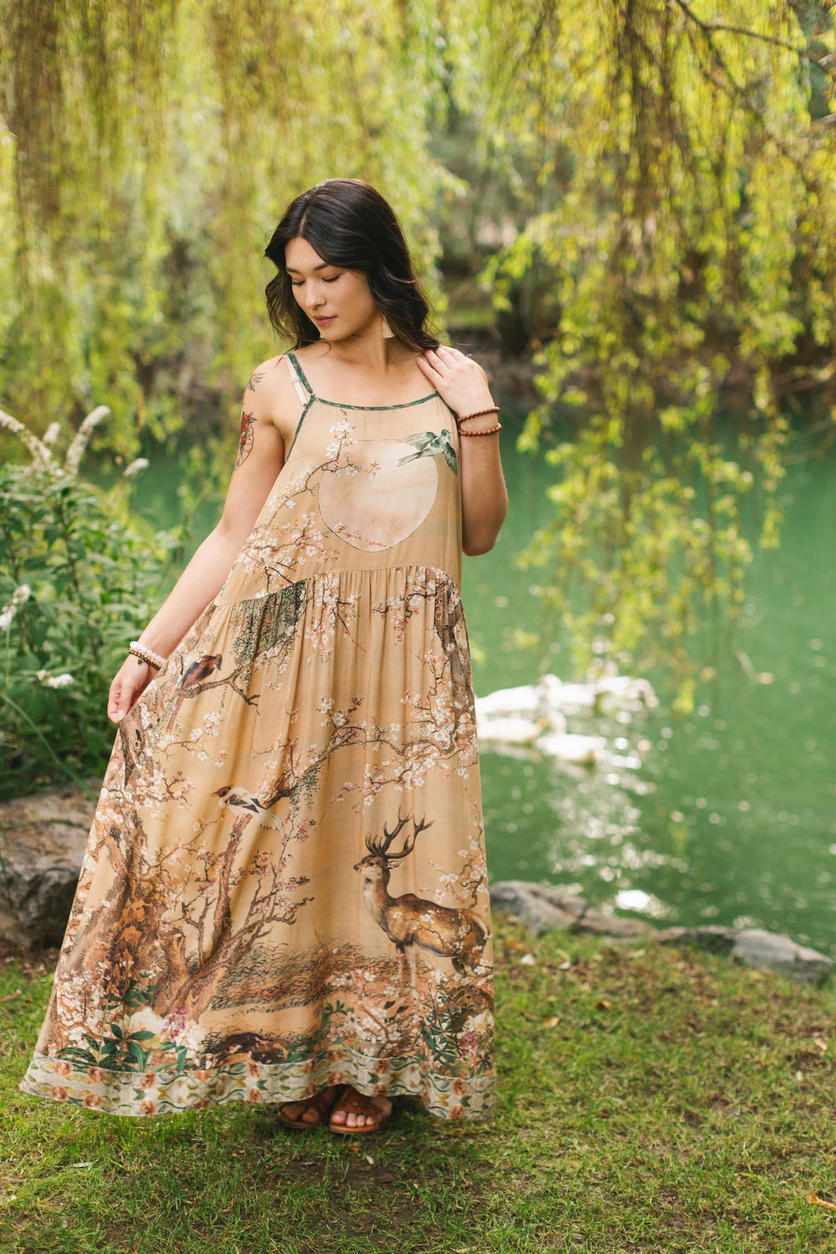 Market of Stars (USA) - Fable Bohéme Long Maxi Slip Dress w/ Blossoms, Deer & Moon