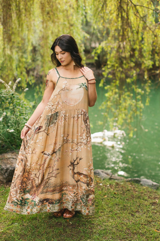 Market of Stars (USA) - Fable Bohéme Long Maxi Slip Dress w/ Blossoms, Deer & Moon