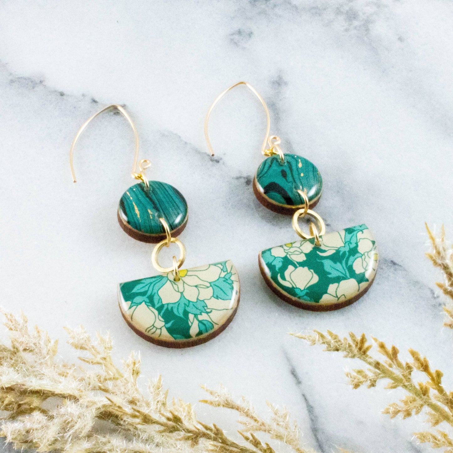 No Man's Land - Teal Dogwood Floral Half Circle Stacked Earrings