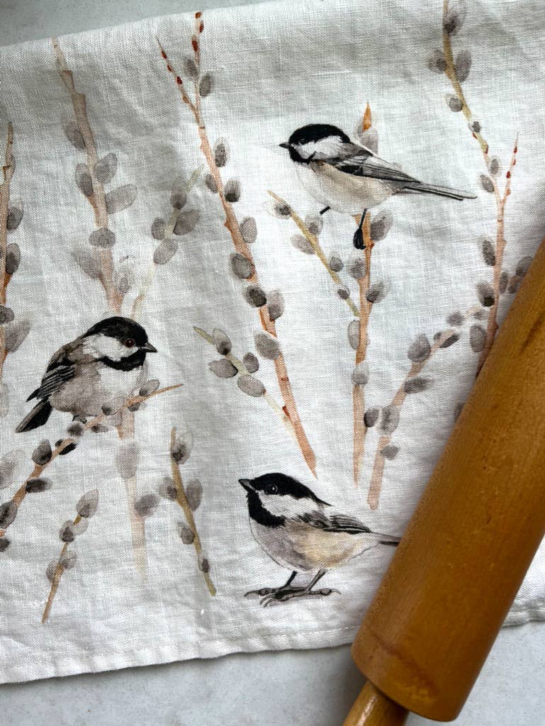 Kasey Melissa Art - Black Capped Chickadees and Pussy Willows - Linen Tea Towel