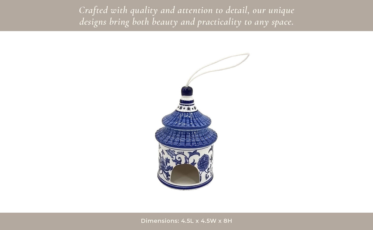 Sagebrook Home - Bird House - White/Blue Ceramic Chinoiserie, 8 in.