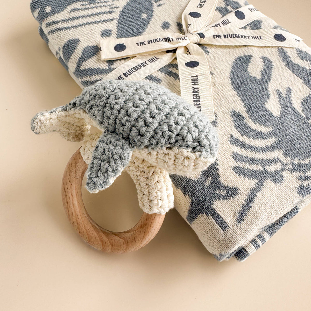 The Blueberry Hill - Teether Whale Cotton Crochet Rattle Baby Gift Ocean Summer