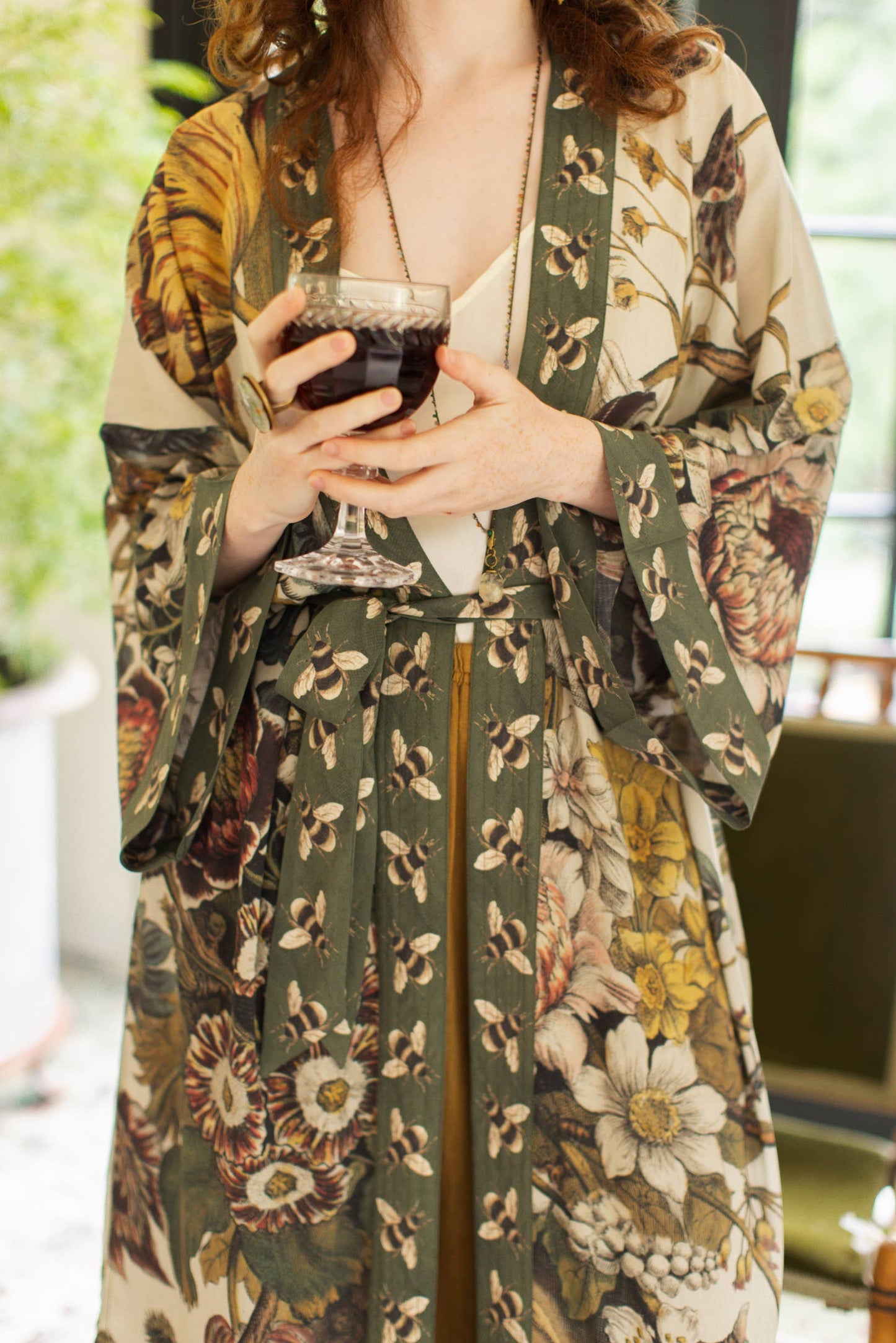 Market of Stars - Love Grows Wild Floral Bamboo Kimono Duster Robe with Bees