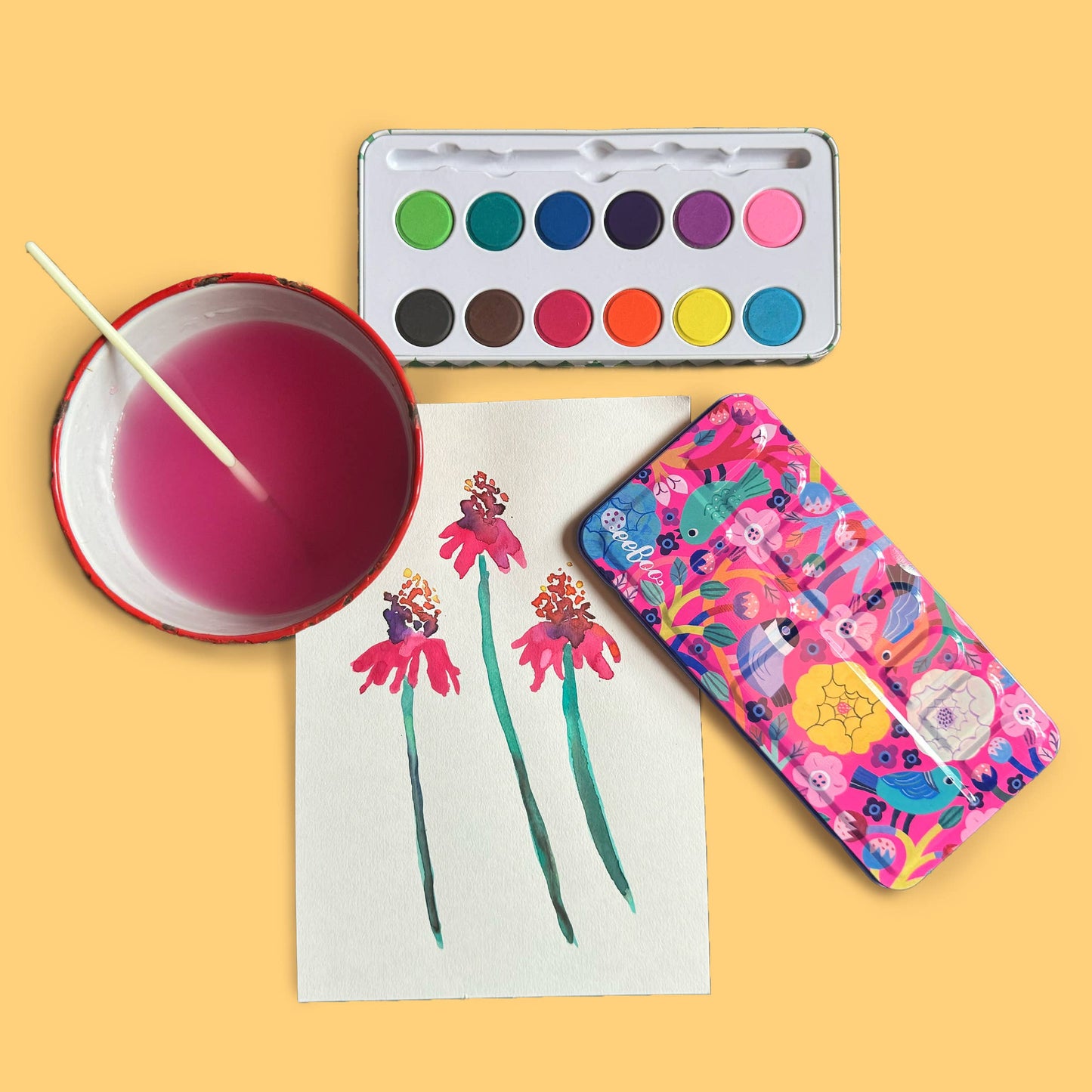 eeBoo - Birds in Fuchsia Watercolors Paint Tin
