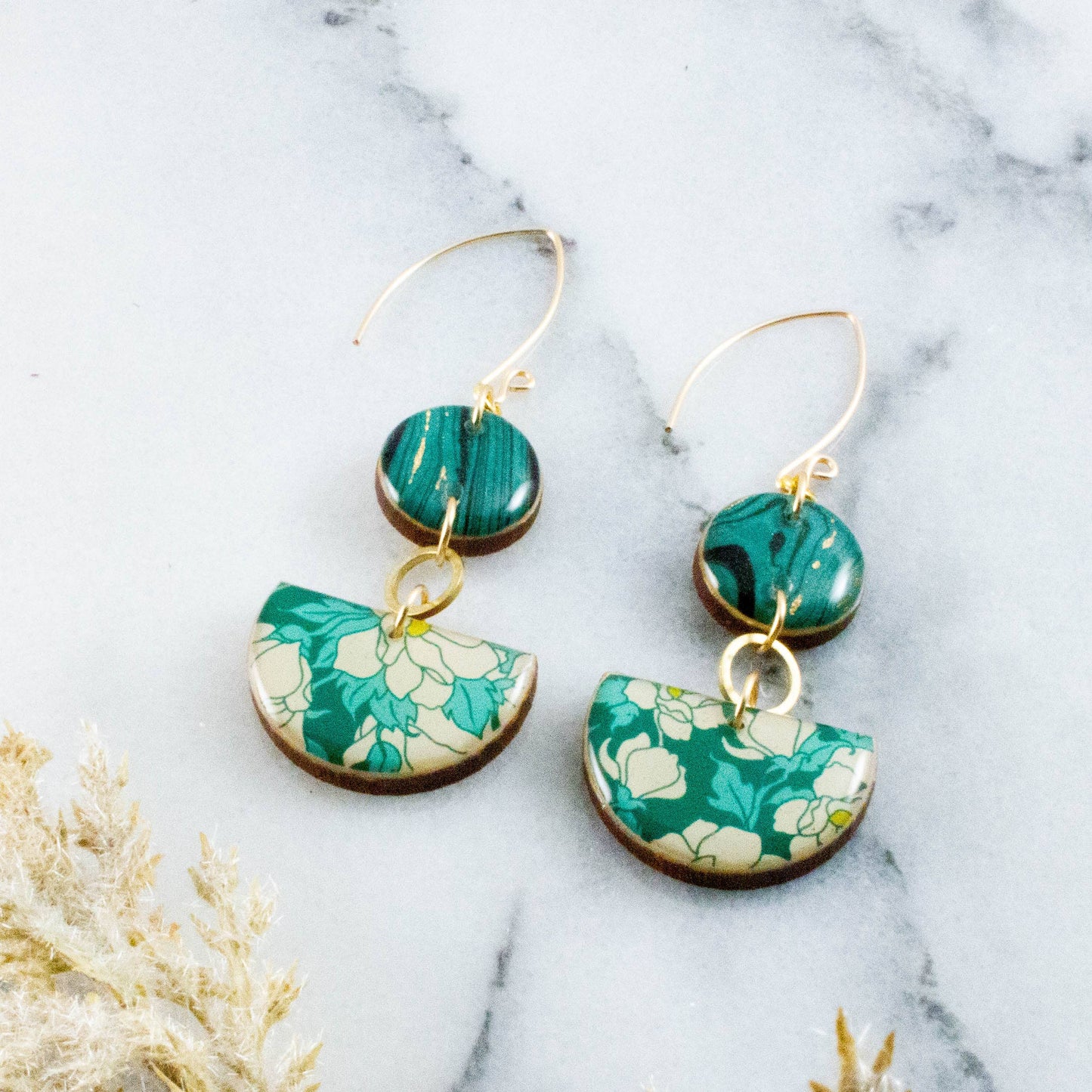 No Man's Land - Teal Dogwood Floral Half Circle Stacked Earrings