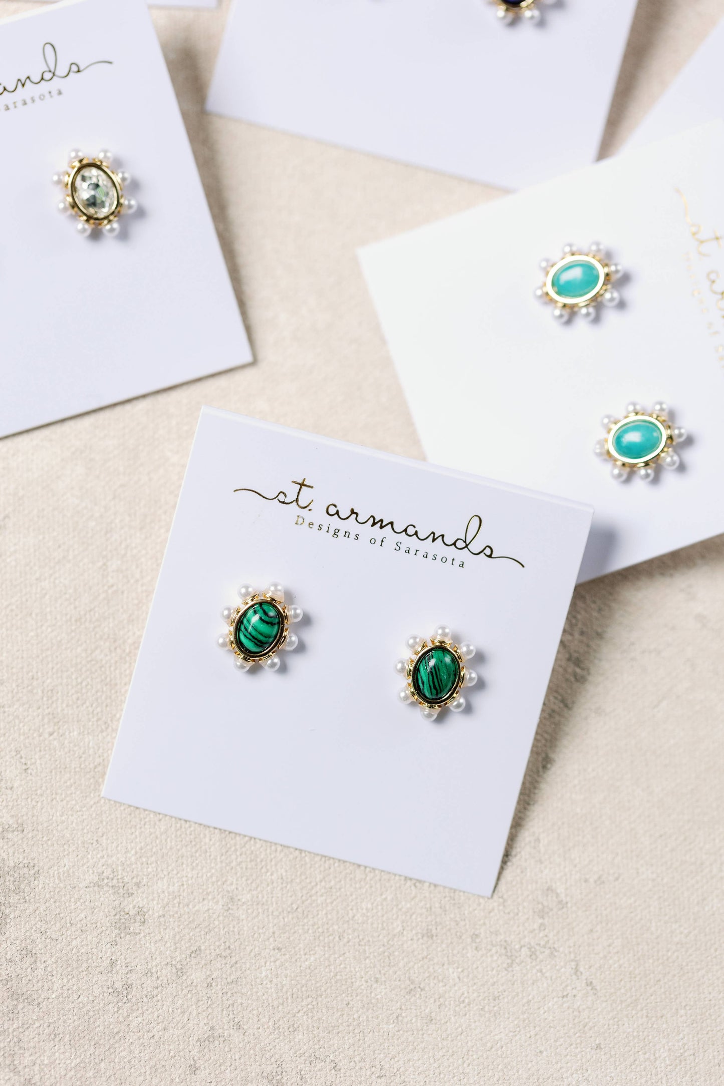 St Armands Designs of Sarasota - Green Malachite and Pearl Oval Stud Earrings