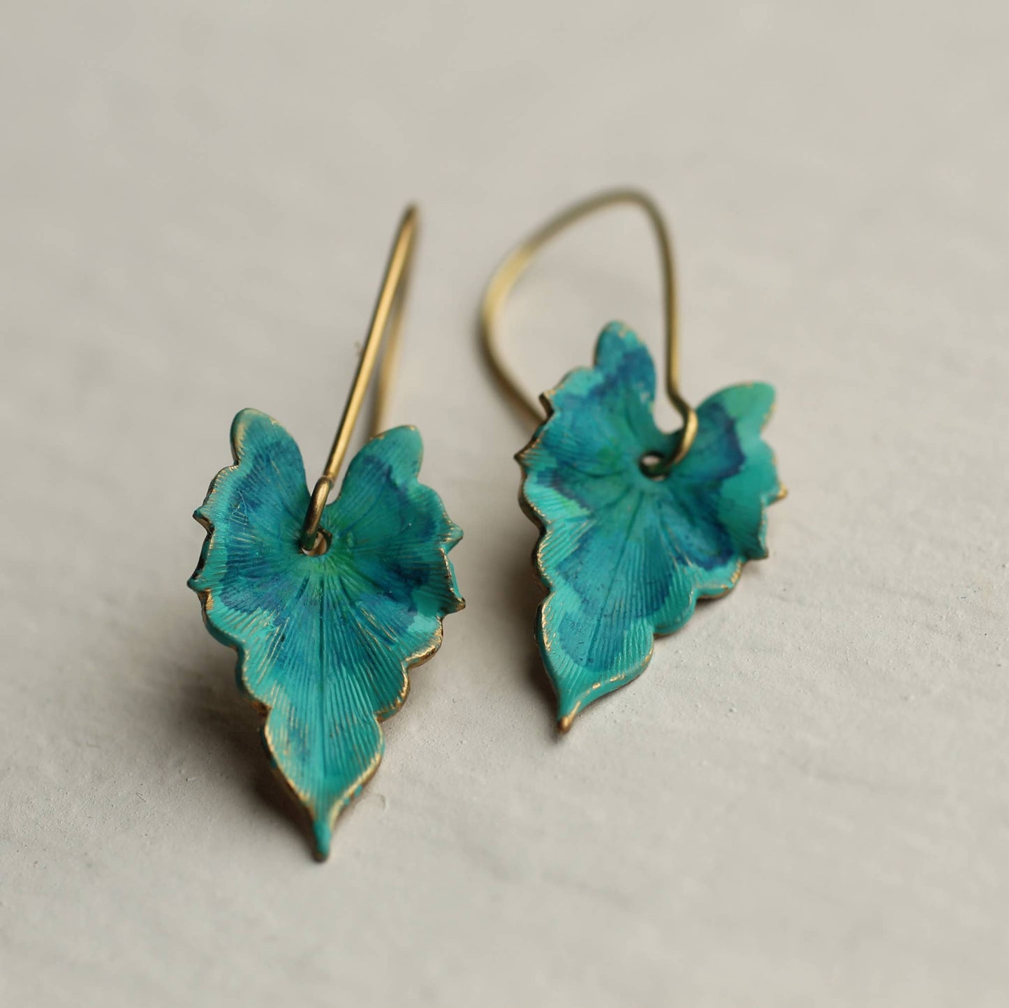 Silk Purse, Sow's Ear - Verdigris Leaf Turquoise Green Earrings: Medium (3.5cm)