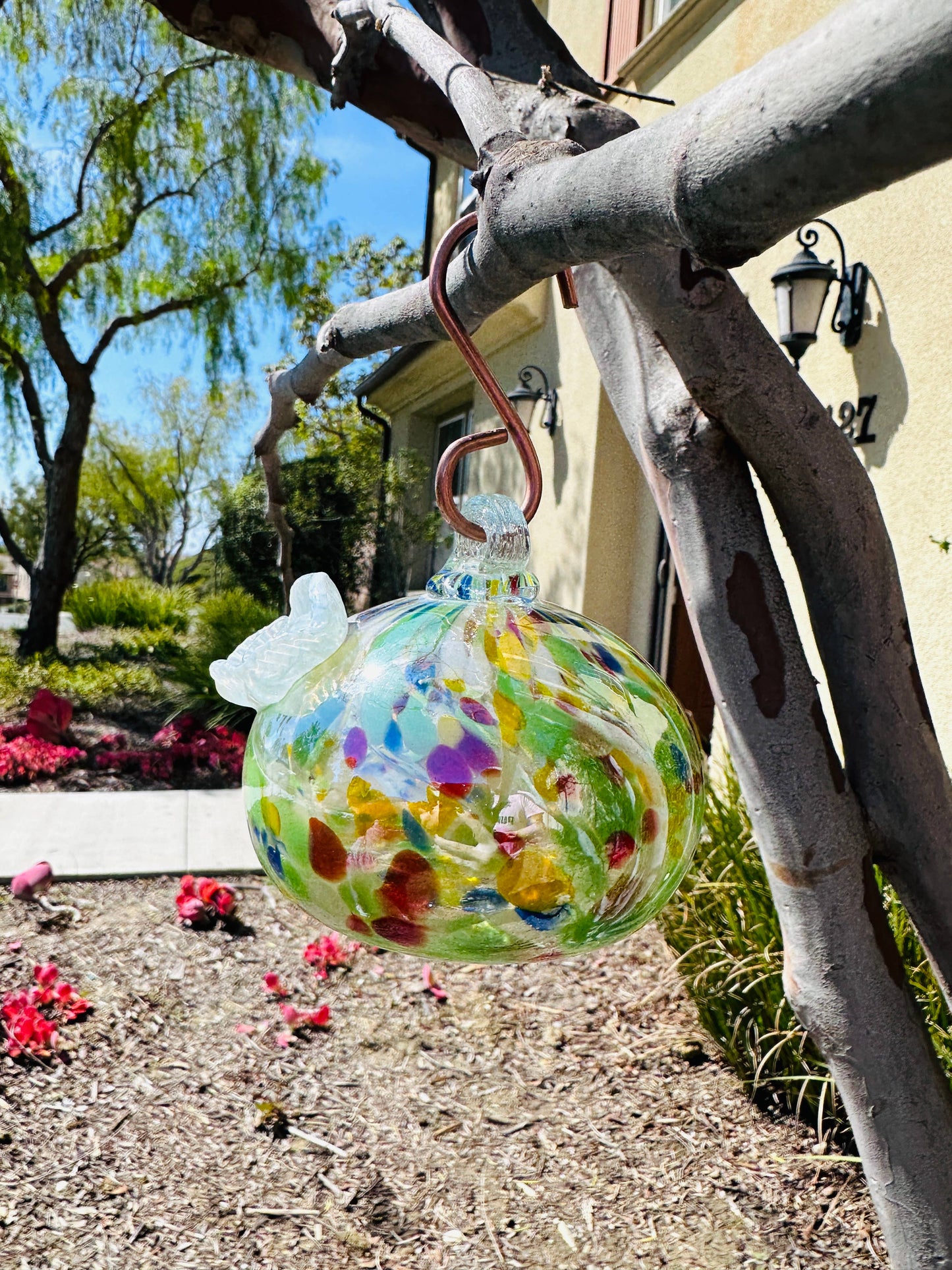 Handblown Artisanal Glass Hummingbird Feeder