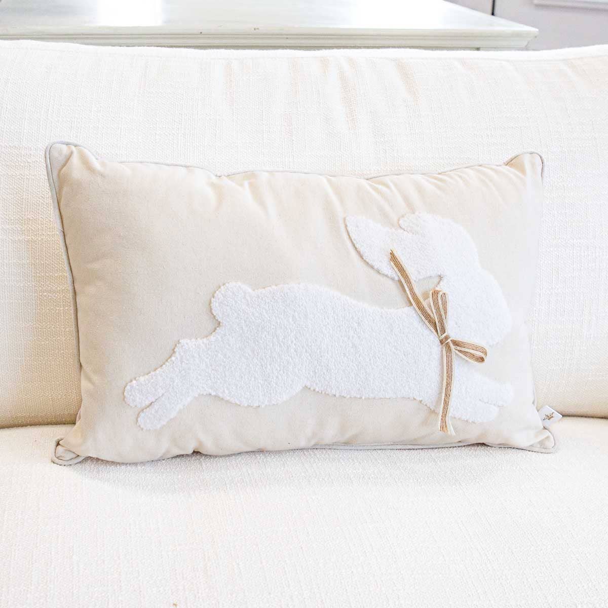 The Royal Standard - Leaping Bunny Embroidered Lumbar Pillow   Soft White/White   13x20