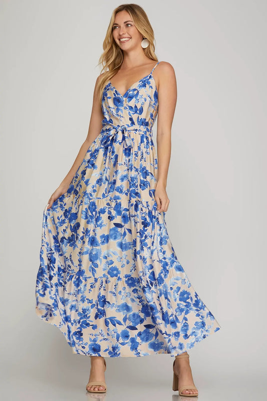 Emilia Blue Watercolor Flower Maxi Dress