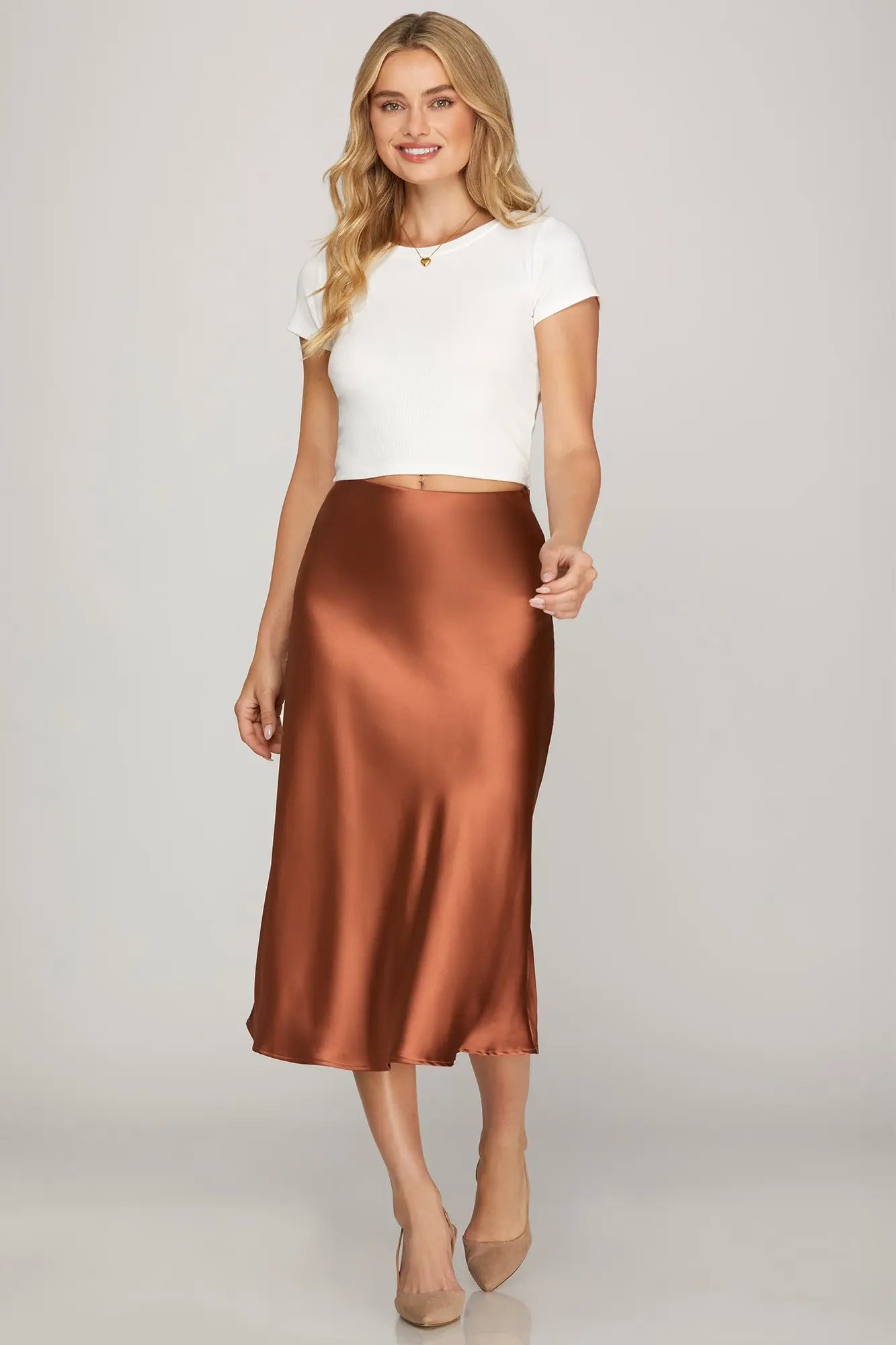 Imogen Satin Midi Skirt - Copper