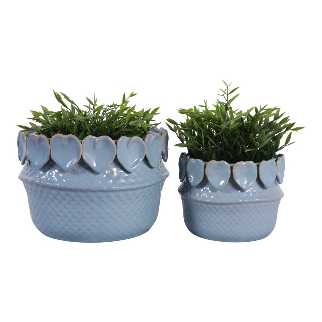 Sagebrook Home - Plant Pot Set of 2  - Blue Ceramic Leaf Applique, 7/10 in.