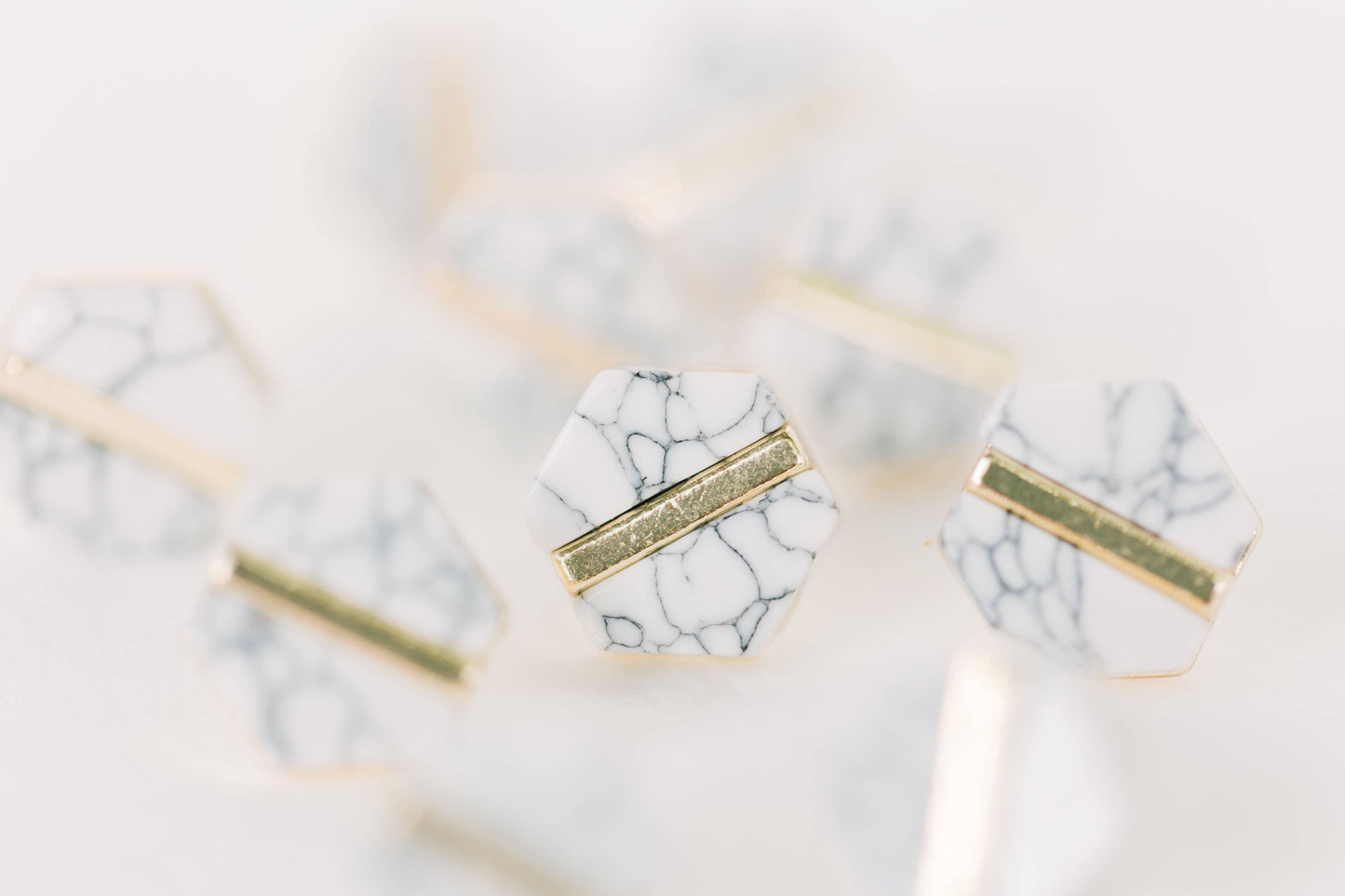 White Marble Hexagon Statement Stud Earrings