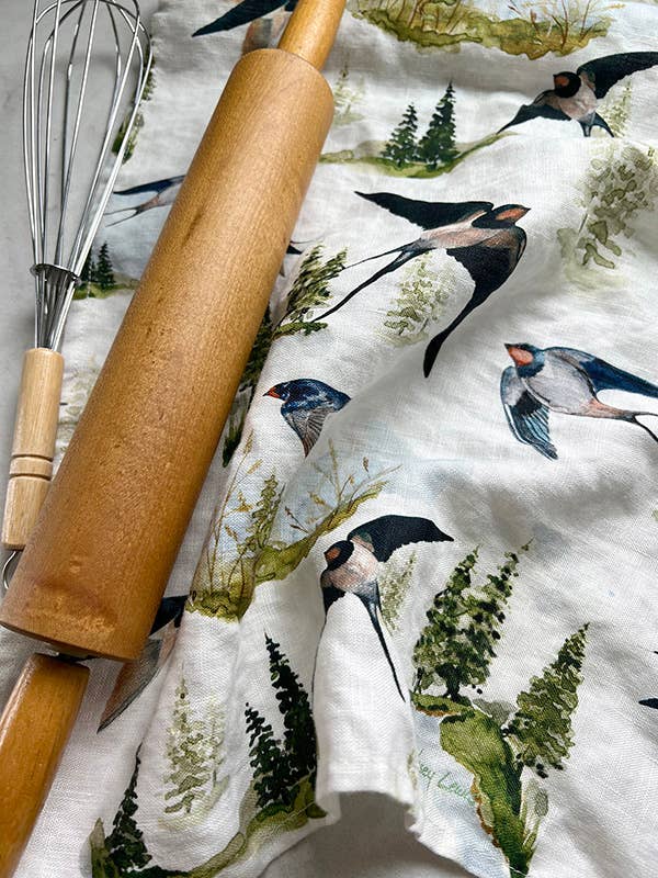Kasey Melissa Art - Barn Swallow and Pines - Linen Tea Towel