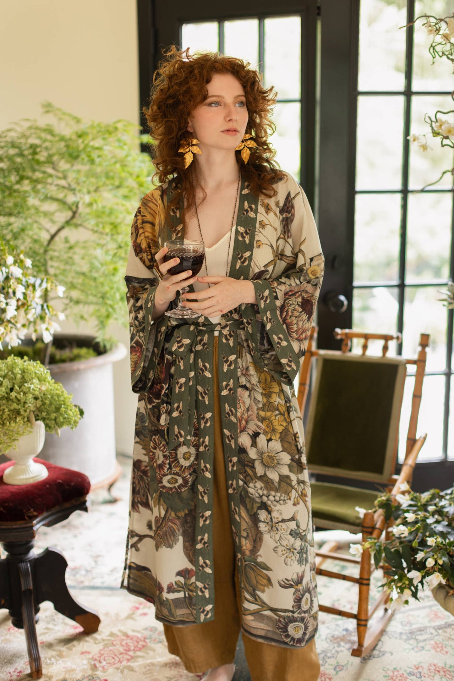 Market of Stars - Love Grows Wild Floral Bamboo Kimono Duster Robe with Bees