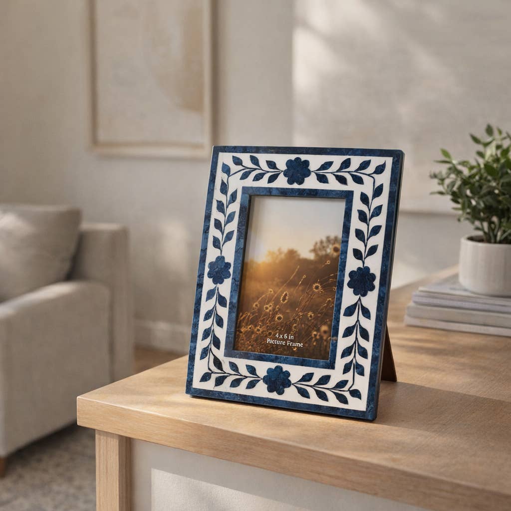 Sagebrook Home - Picture Frame - Blue Resin/Wood Floral Petals, 4x6 in.