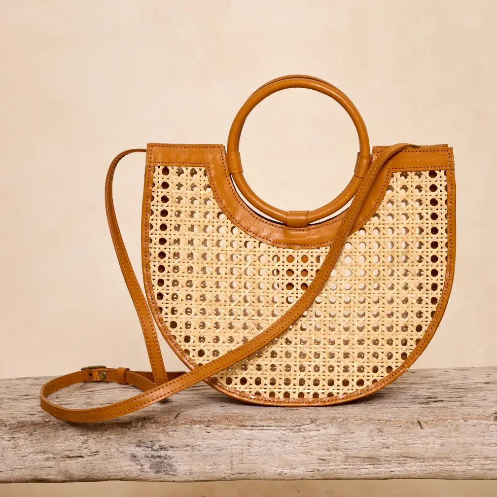 Brown Leather Square Cane Weave Handbag w/ Round Handle
