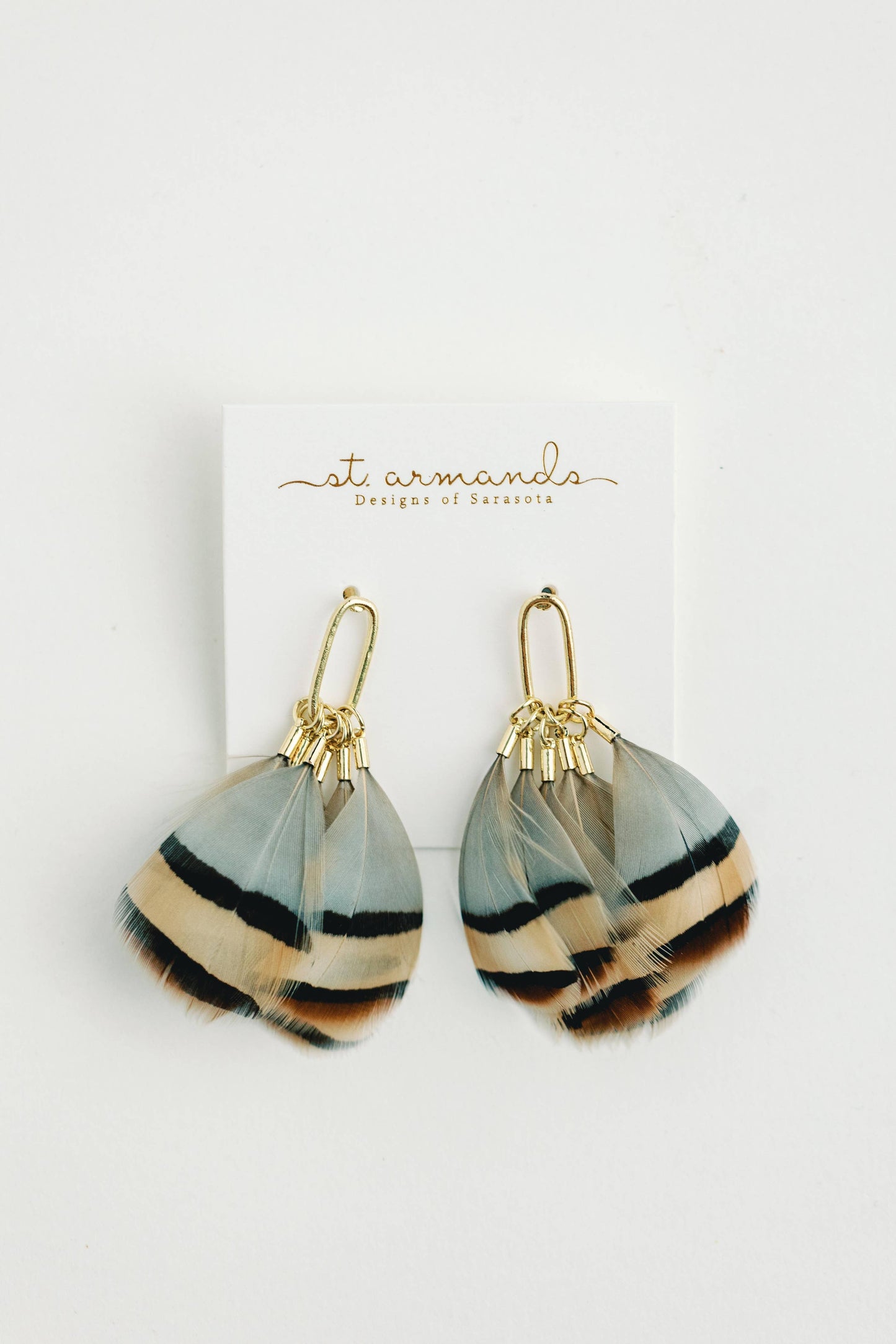 Brown Striped Feather Statement Tassel Earrings