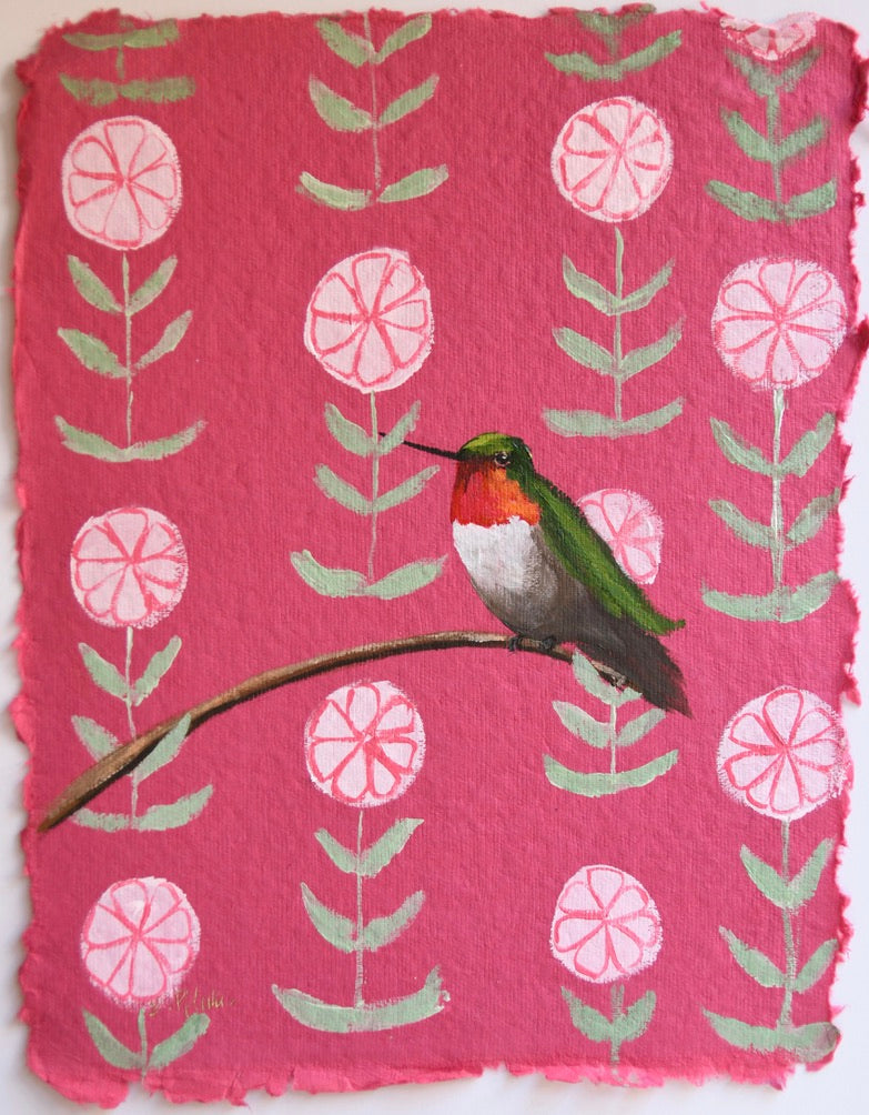 Hummingbird on Pink Handmade Paper