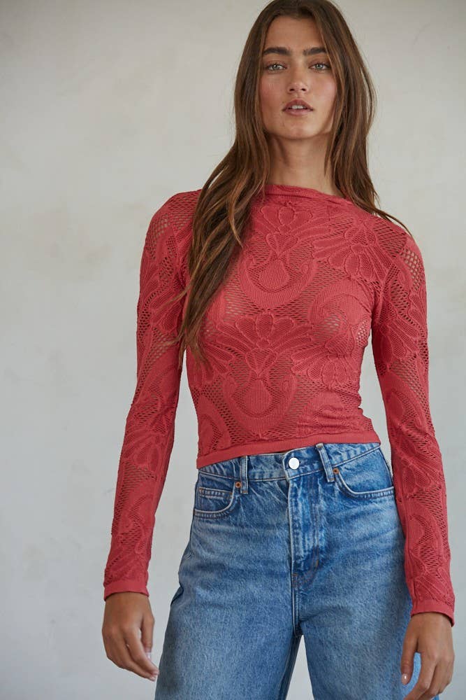 By Together - S1228 | Knit Seamless Jacquard Mock Neck Long Sleeve Top