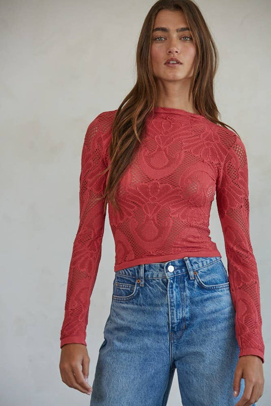 By Together - S1228 | Knit Seamless Jacquard Mock Neck Long Sleeve Top