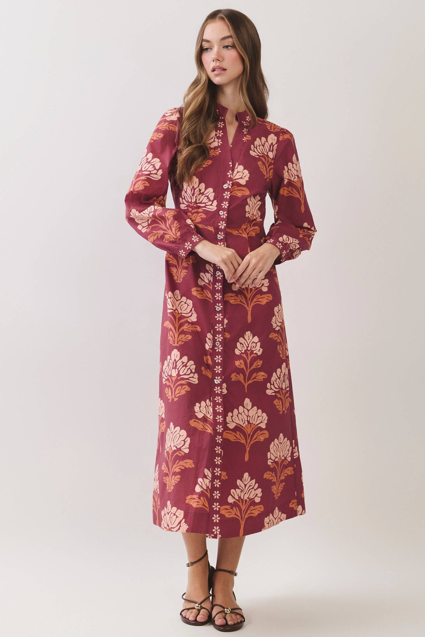 TCEC - CD07442-Floral Print Shirt Midi Dress