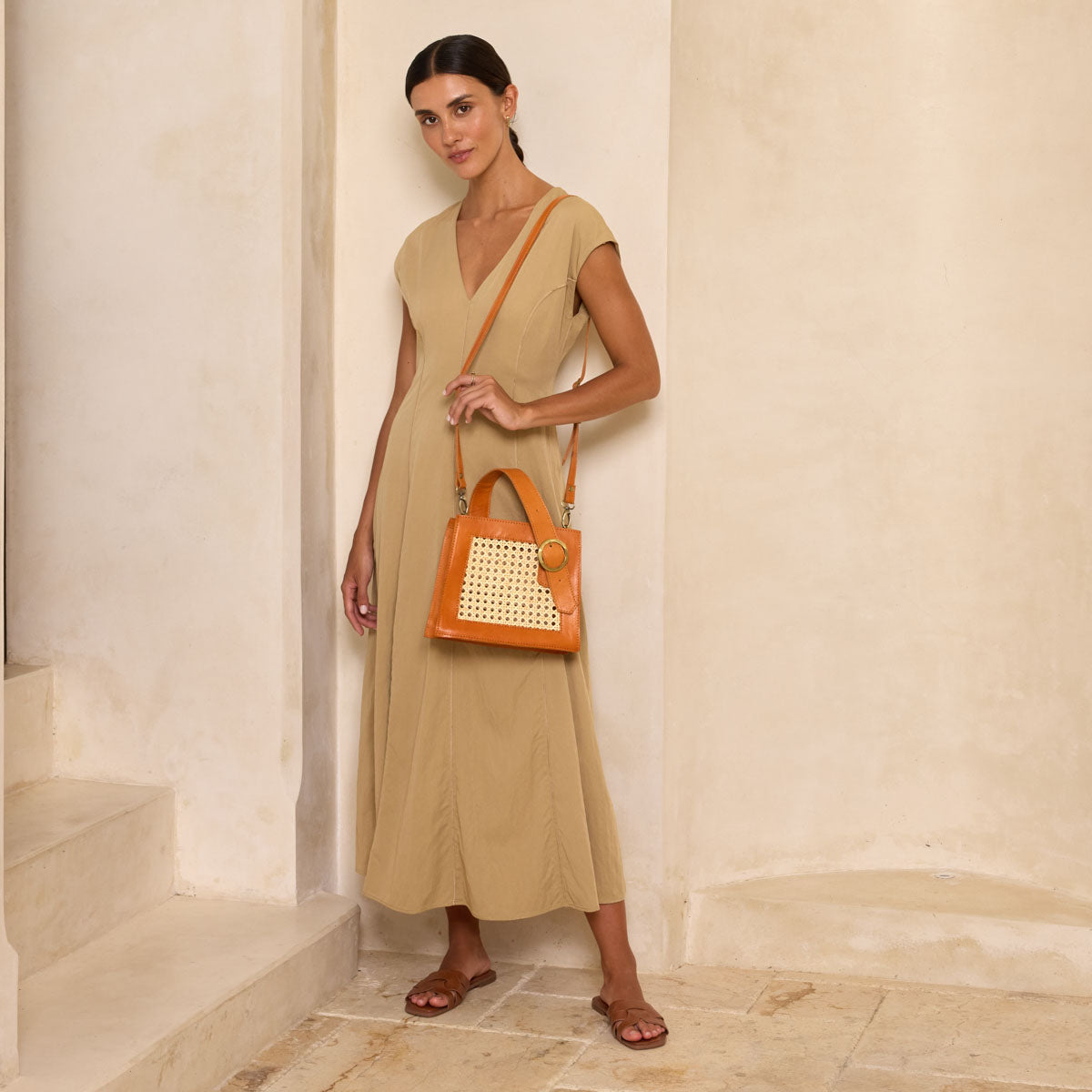 Brown Cane Handbag w/ Buckle