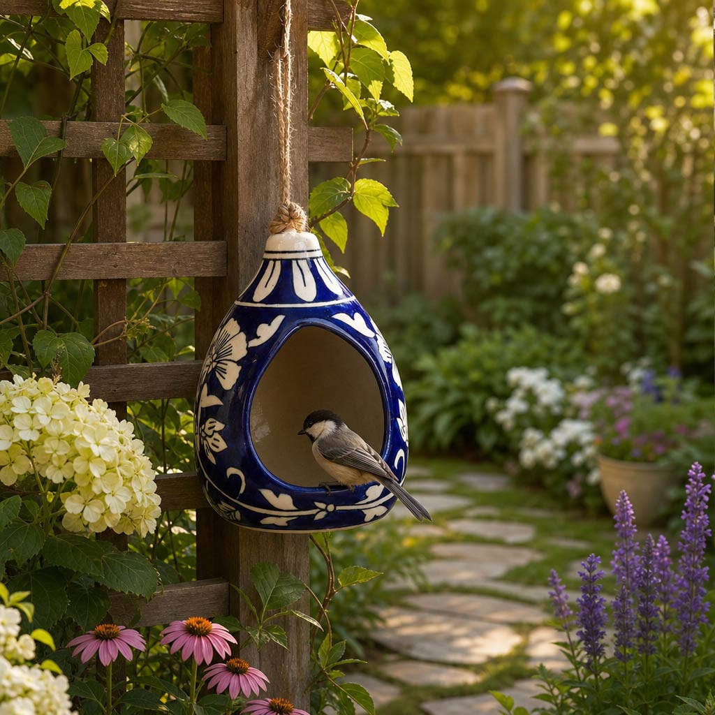 Sagebrook Home - Bird Feeder - Blue/White Ceramic Teardrop Shape House, 12 in