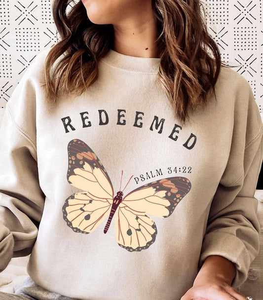 Peach Closet - Redeemed Psalm 34:22 Butterfly Crew Sweatshirt: Medium (4-8) / Natural