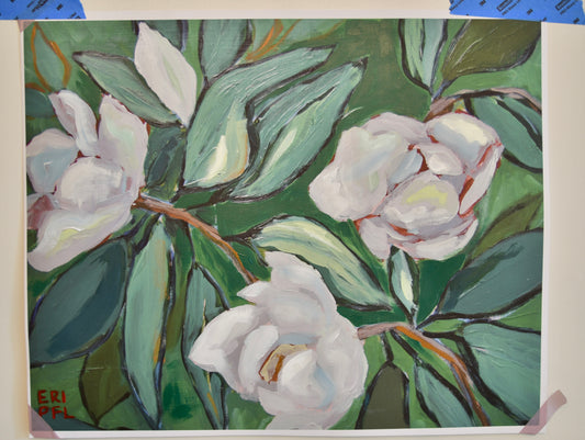 Magnolia Study in Green - FRAMED Embellished Signed Print