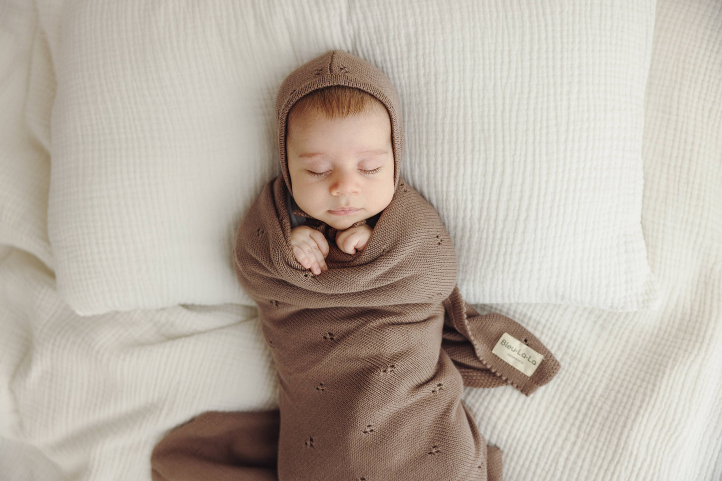 Bleu La La - 100% Organic Cotton Luxury Organic Blanket + Bonnet Hat Set: Brown