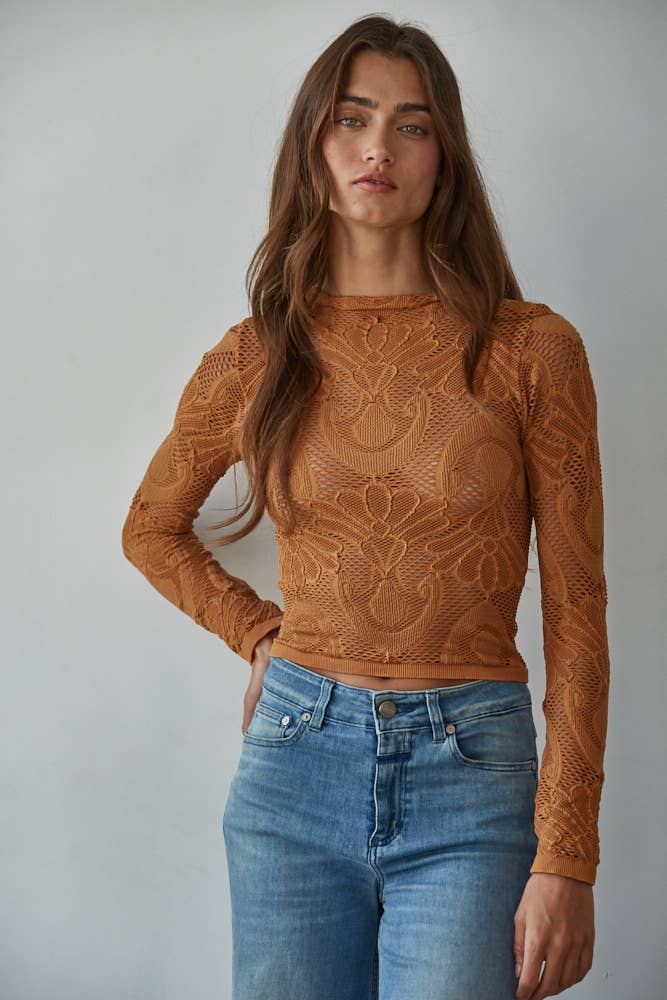 By Together - S1228 | Knit Seamless Jacquard Mock Neck Long Sleeve Top