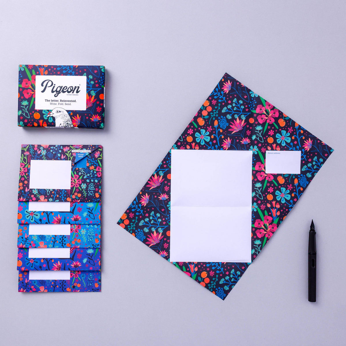 Midnight Garden Pigeon, Floral Folding Letter Set, Pack of 6