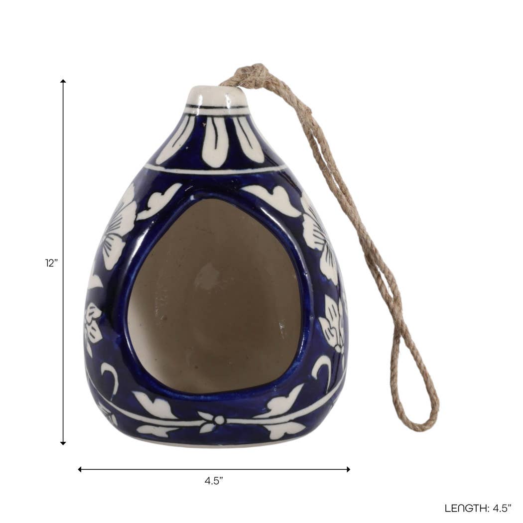 Sagebrook Home - Bird Feeder - Blue/White Ceramic Teardrop Shape House, 12 in