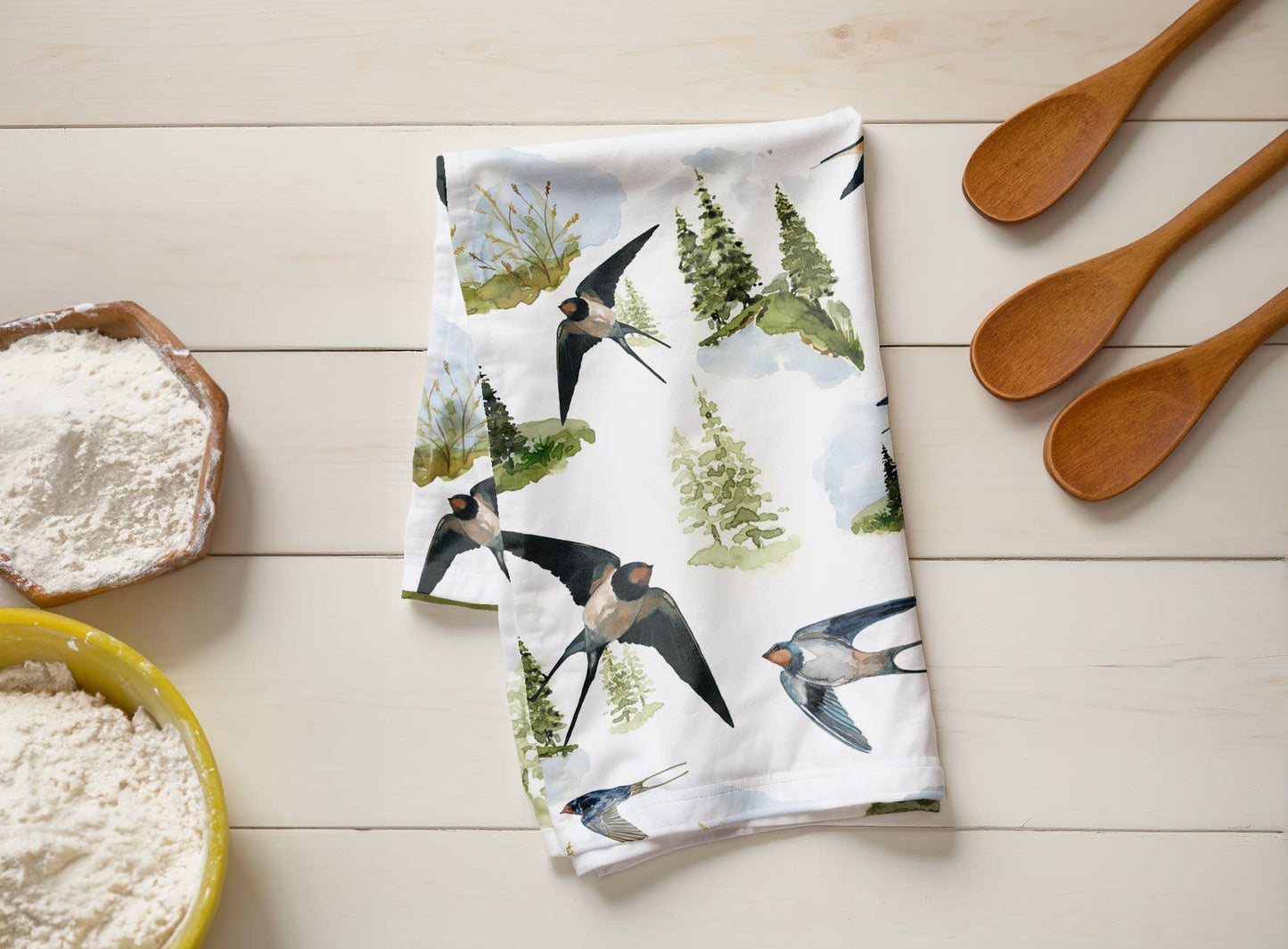Kasey Melissa Art - Barn Swallow and Pines - Linen Tea Towel