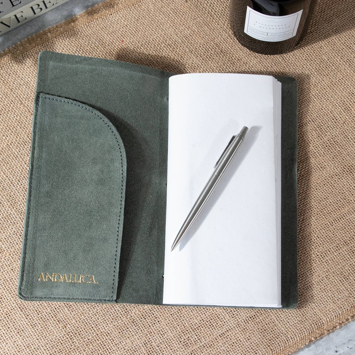 Andaluca - Teal Grey Suede Journal W/ Organic Cotton Paper:  Small