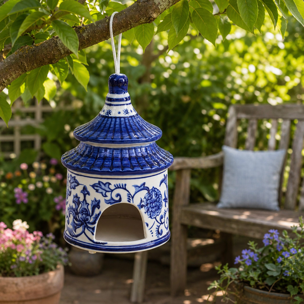 Sagebrook Home - Bird House - White/Blue Ceramic Chinoiserie, 8 in.
