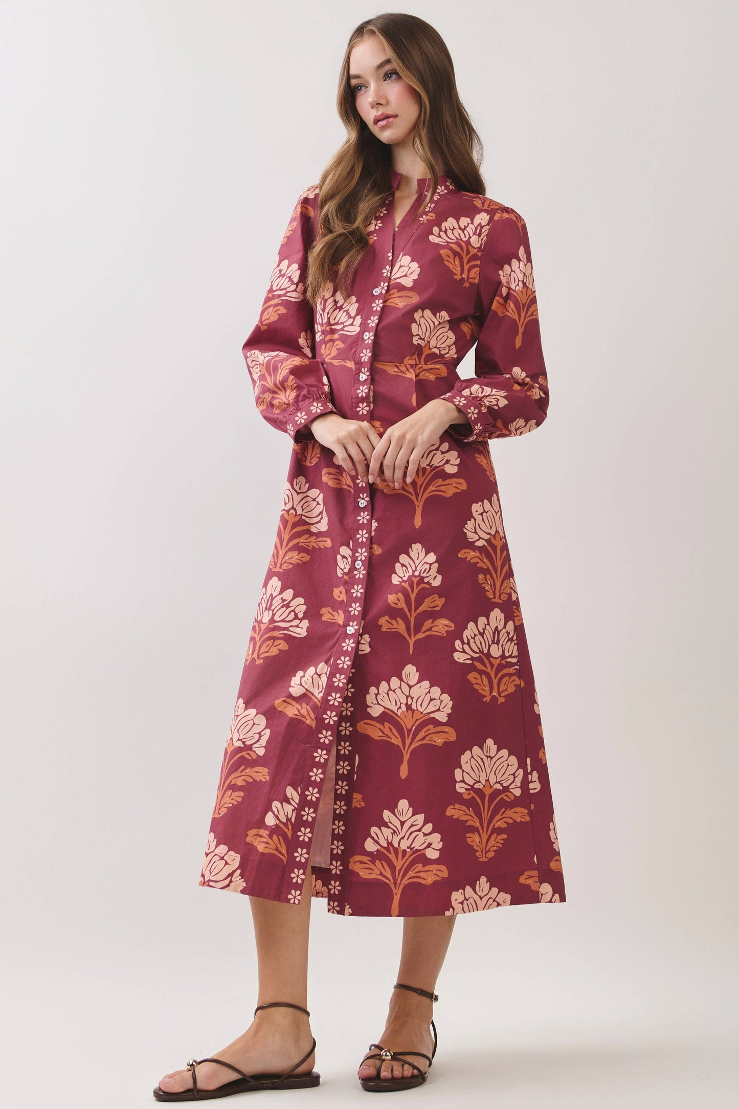 TCEC - CD07442-Floral Print Shirt Midi Dress