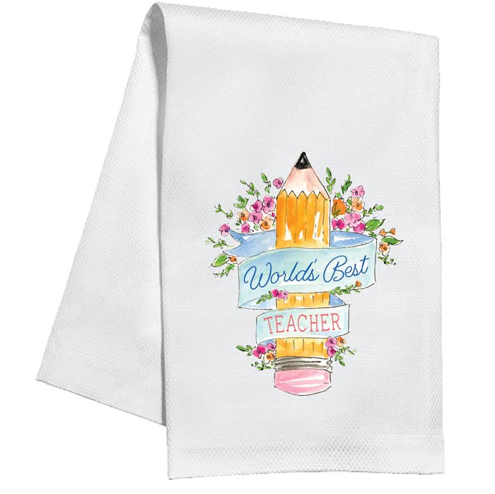 RosanneBeck Collections - World's Best Teacher Pencil and Flowers Kitchen Towel