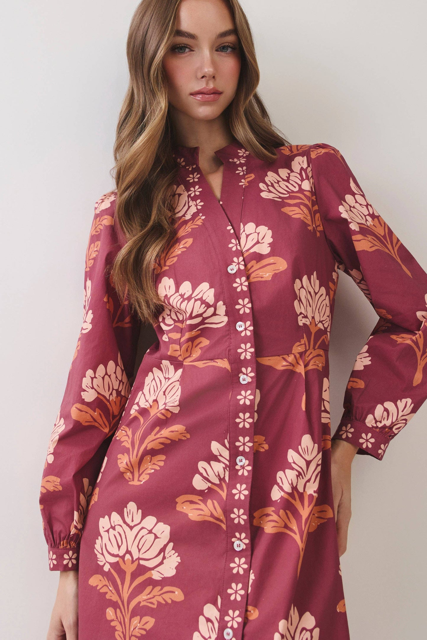 TCEC - CD07442-Floral Print Shirt Midi Dress