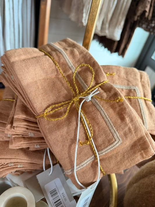 Linen Blend Napkins with Embroidered Border, Set of 4 Tied with Gold Cord