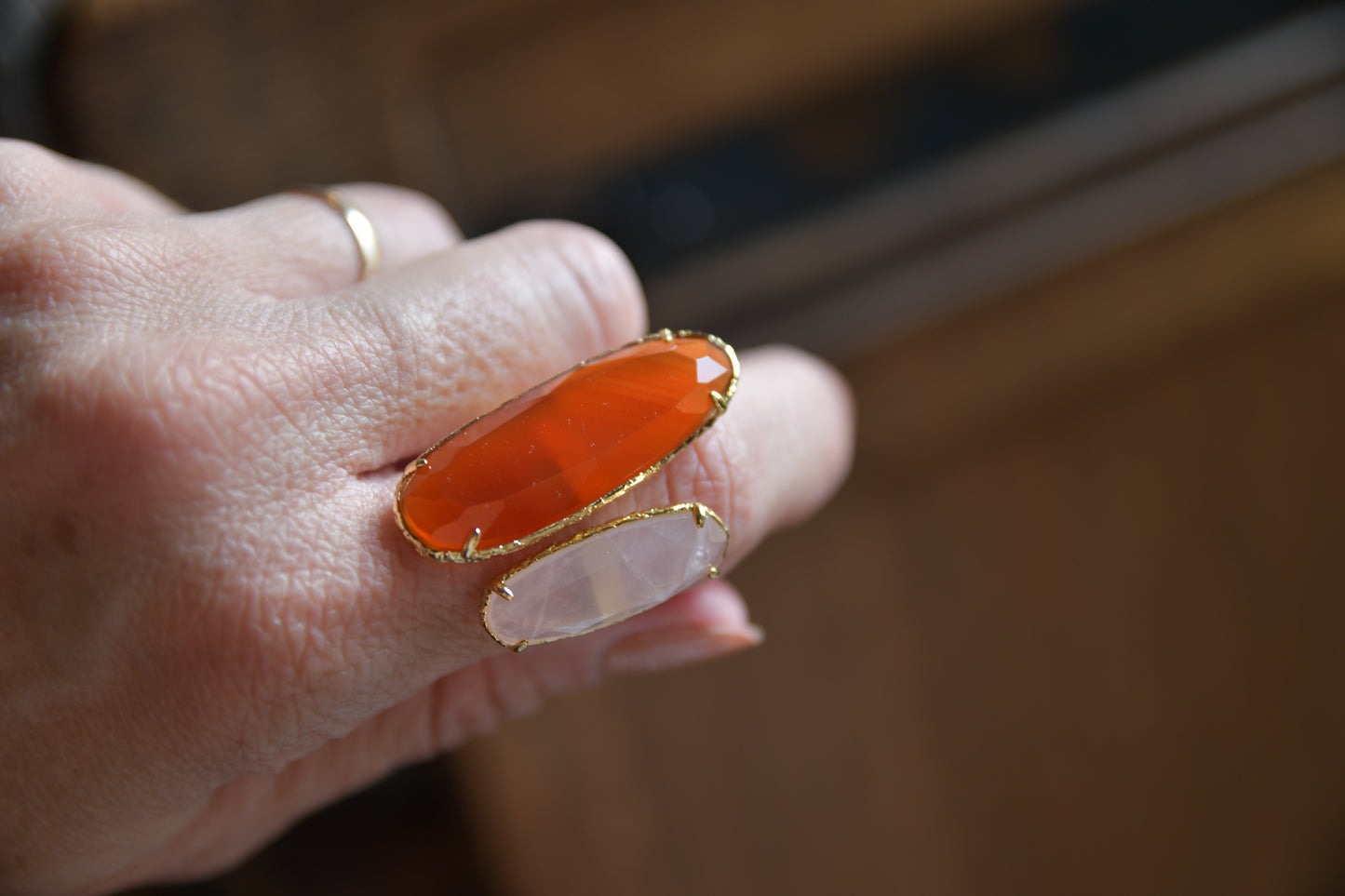 Ring - Carnelian / Rose Quartz (Gemstone/Brass)