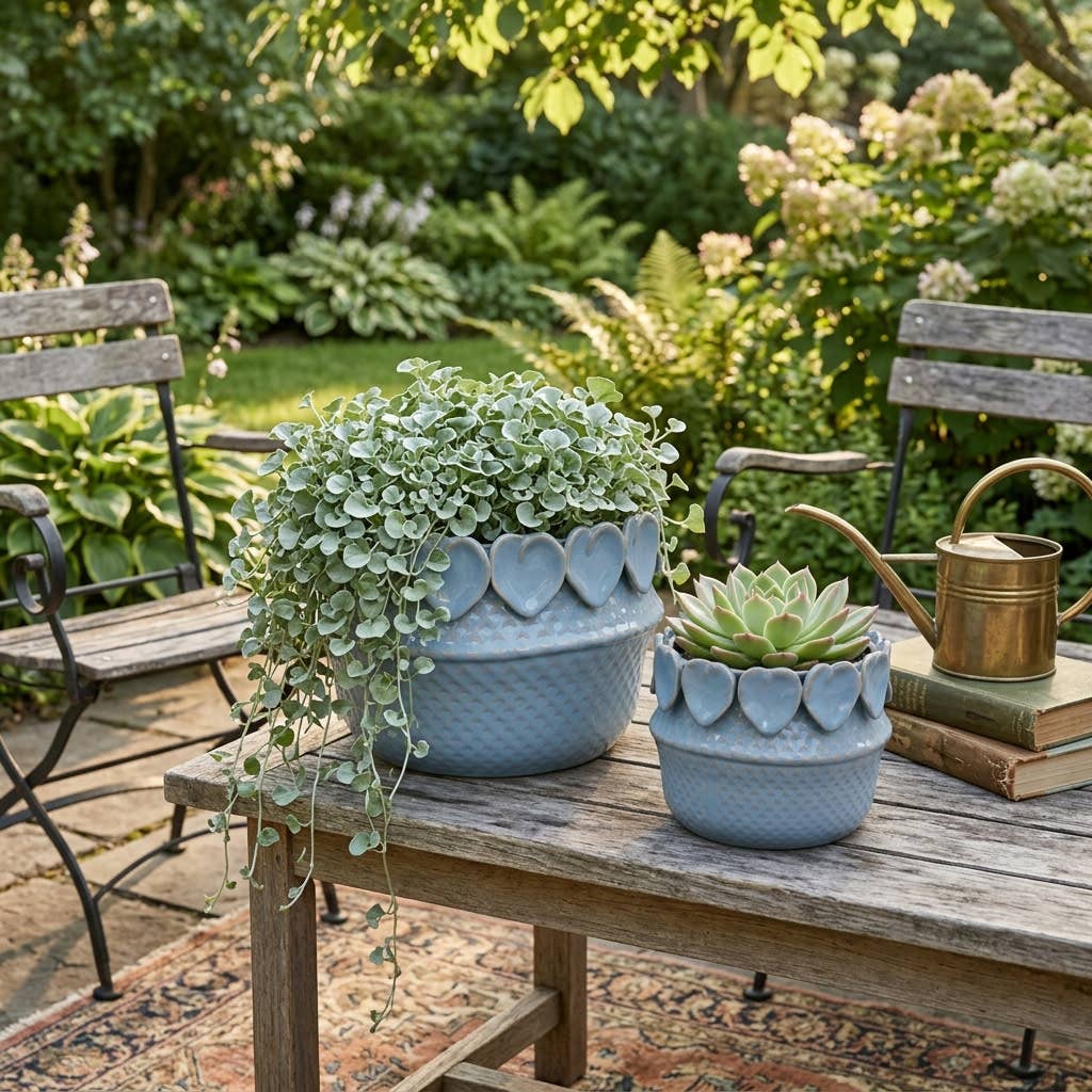 Sagebrook Home - Plant Pot Set of 2  - Blue Ceramic Leaf Applique, 7/10 in.