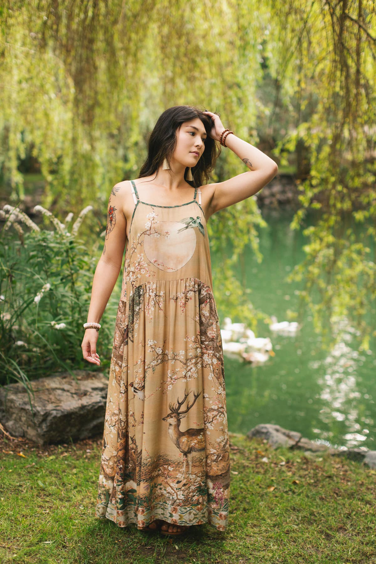Market of Stars (USA) - Fable Bohéme Long Maxi Slip Dress w/ Blossoms, Deer & Moon