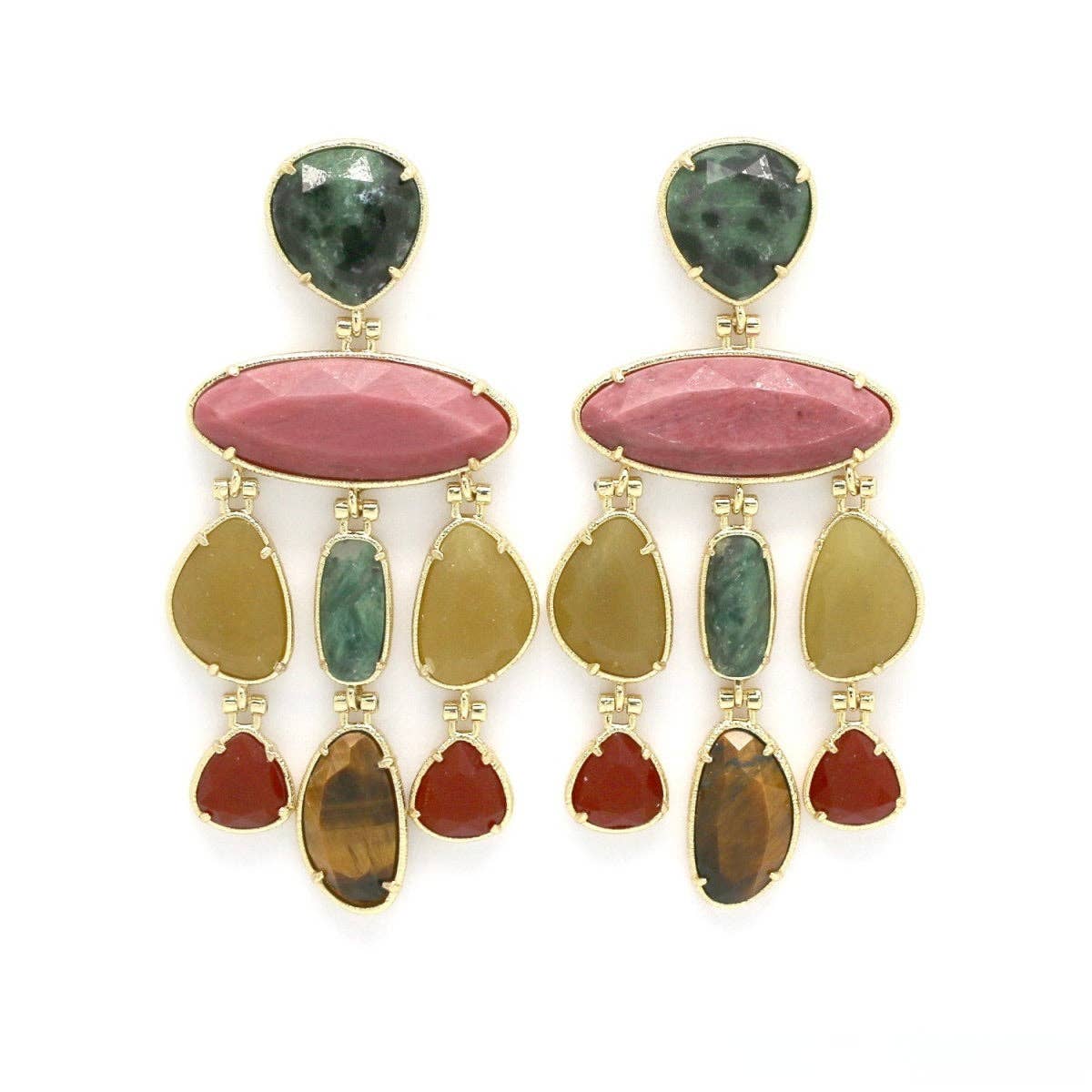 LIZOU - Semi Precious Stone Chandelier Mix Dangle Earrings - E4-424