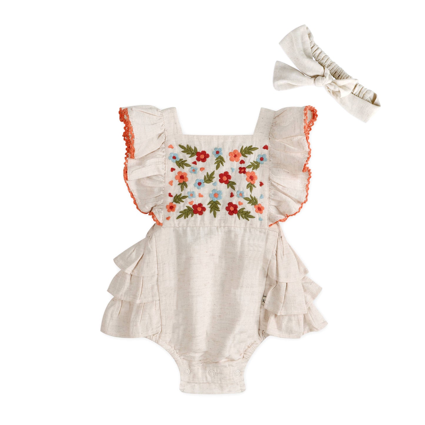 Viverano Organics - Anya Embroidered Baby Romper + Headband (Linen Blend)