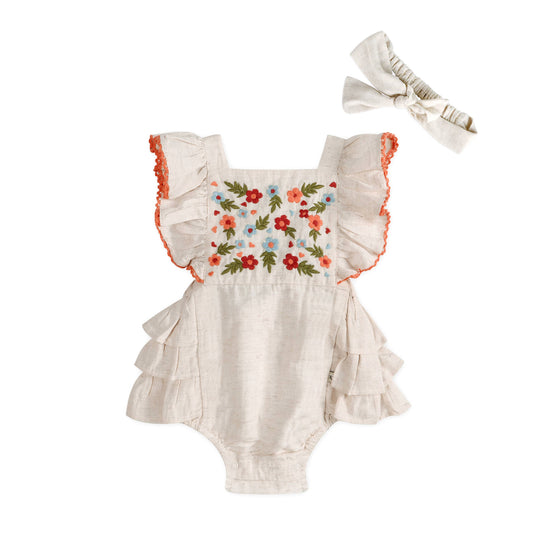 Viverano Organics - Anya Embroidered Baby Romper + Headband (Linen Blend)