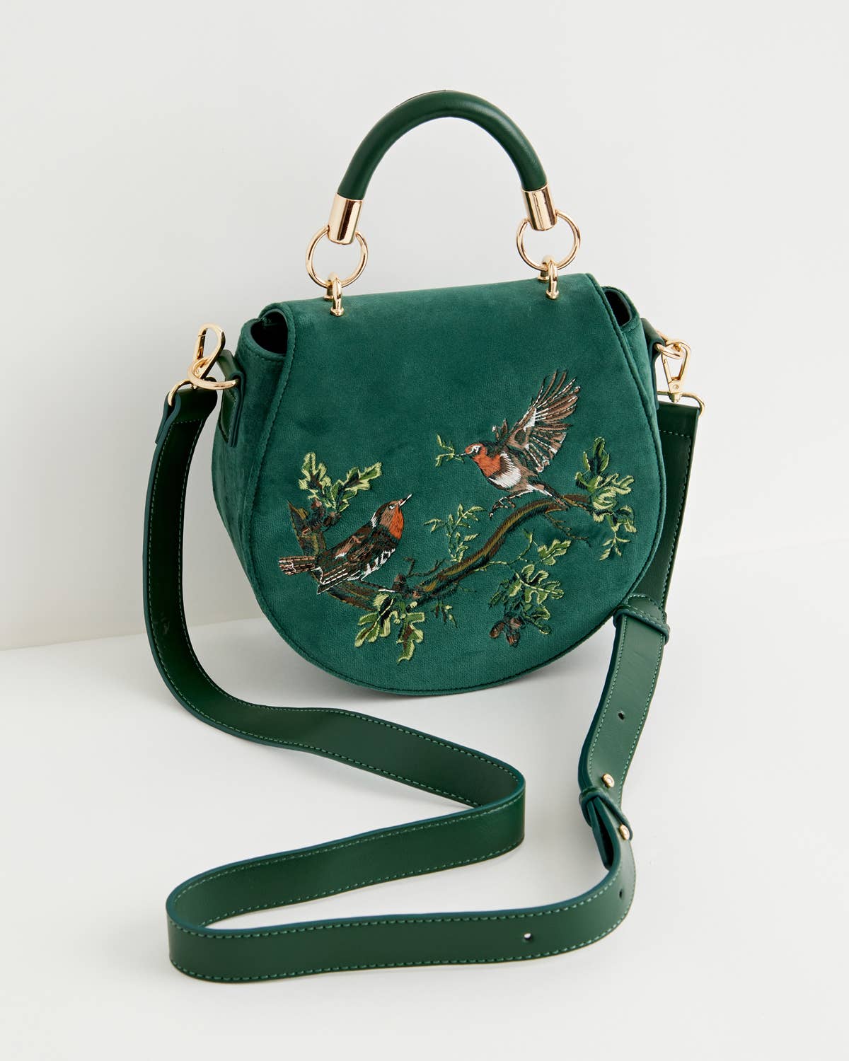 Fable England - Robin Love Fern Green Velvet Embroidered Saddle Bag