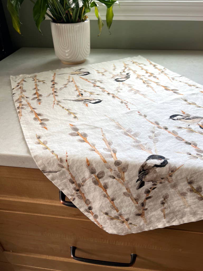 Kasey Melissa Art - Black Capped Chickadees and Pussy Willows - Linen Tea Towel