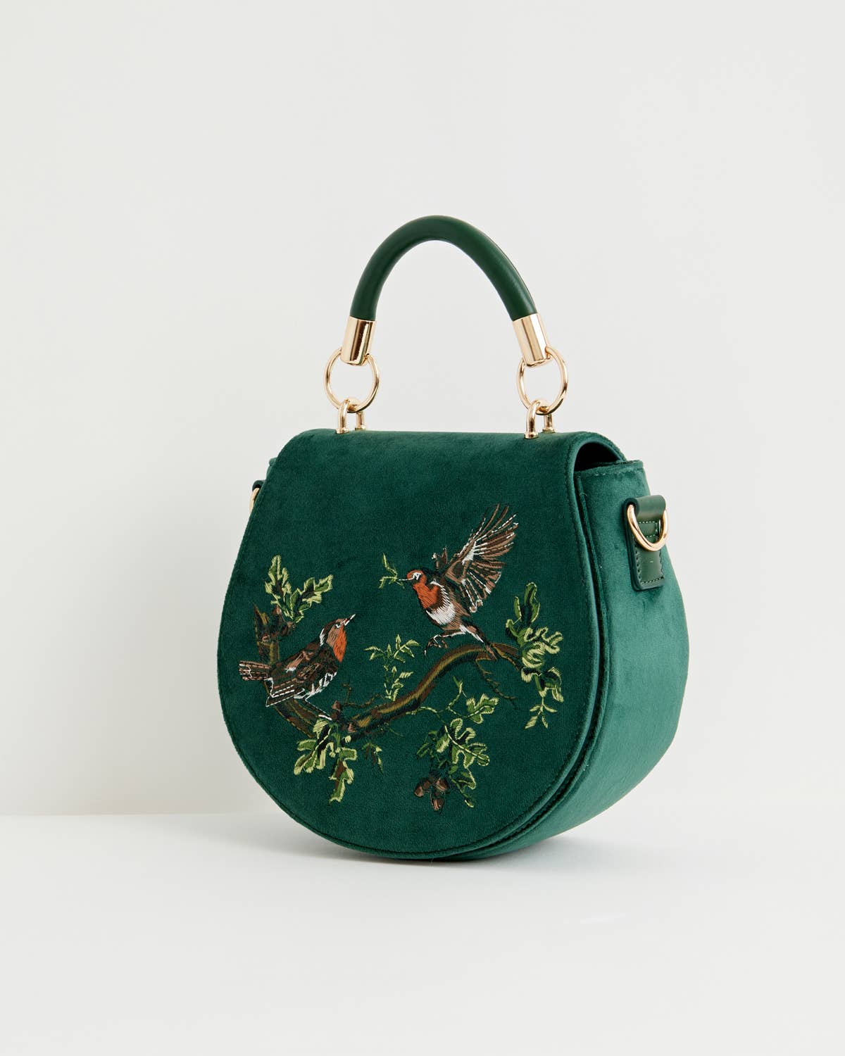 Fable England - Robin Love Fern Green Velvet Embroidered Saddle Bag